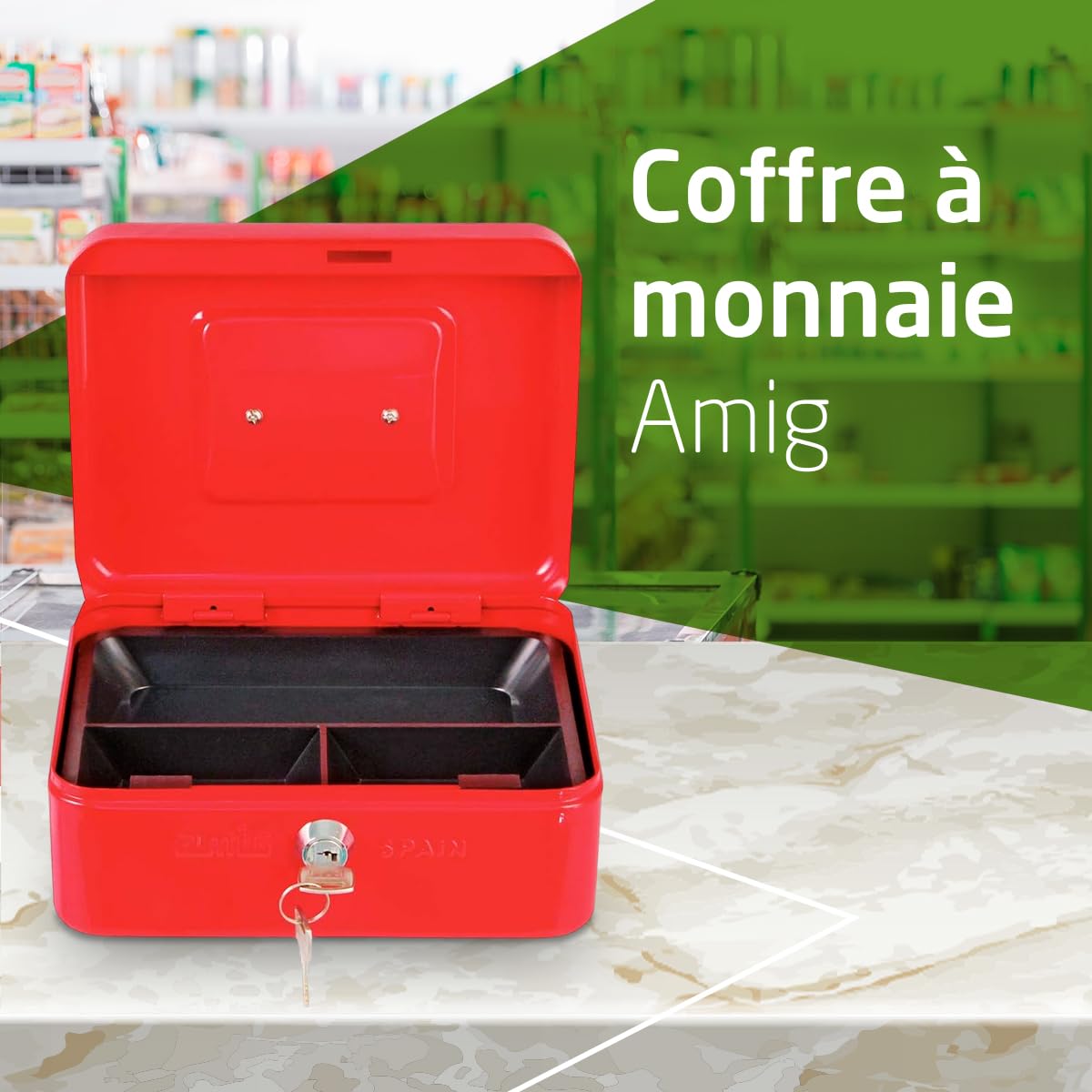 Amig Coffre-fort Acier Rouge 150 x 110 x 70 mm avec Plateau à monnaie et 2 clés