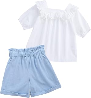 Girls 2 Piece Outfit Short Sleeve Floral Print T-Shirt Top with Paperbag Waist Shorts Set 3-12Y