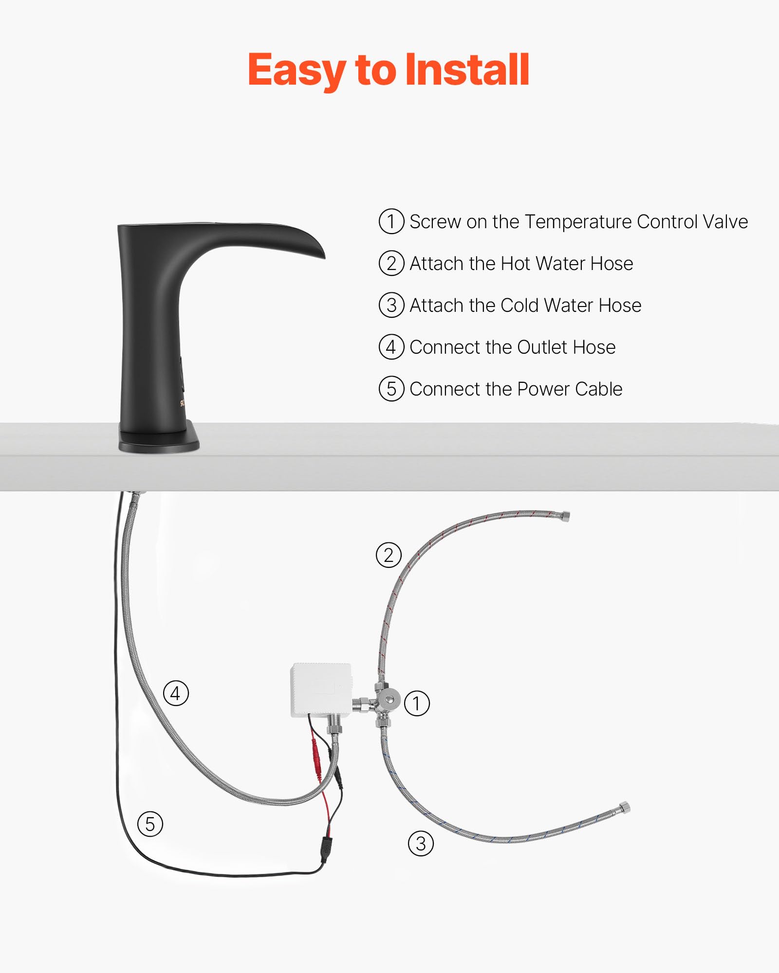 VEVOR Grifo de Lavabo Automático sin Contacto para Baño, Latón, con Sensor y Tapa, Grifo a Pilas, Cascada Semi-Cerrada, Recubrimiento Electroforético, 7,6 L/min, Negro Mate, 160 x 62 x 145 mm