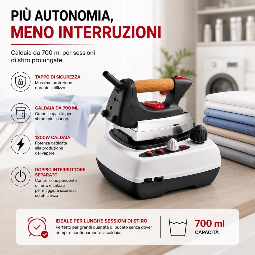 BAKAJI Ferro da Stiro a Caldaia DB8650 Potenza 2000W, Stirella con Capacità Serbatoio 700 ml e Generatore di Vapore, Pressione 3,0 bar, Impugnatura Ergonomica in Sughero, Regolazione della Temperatura