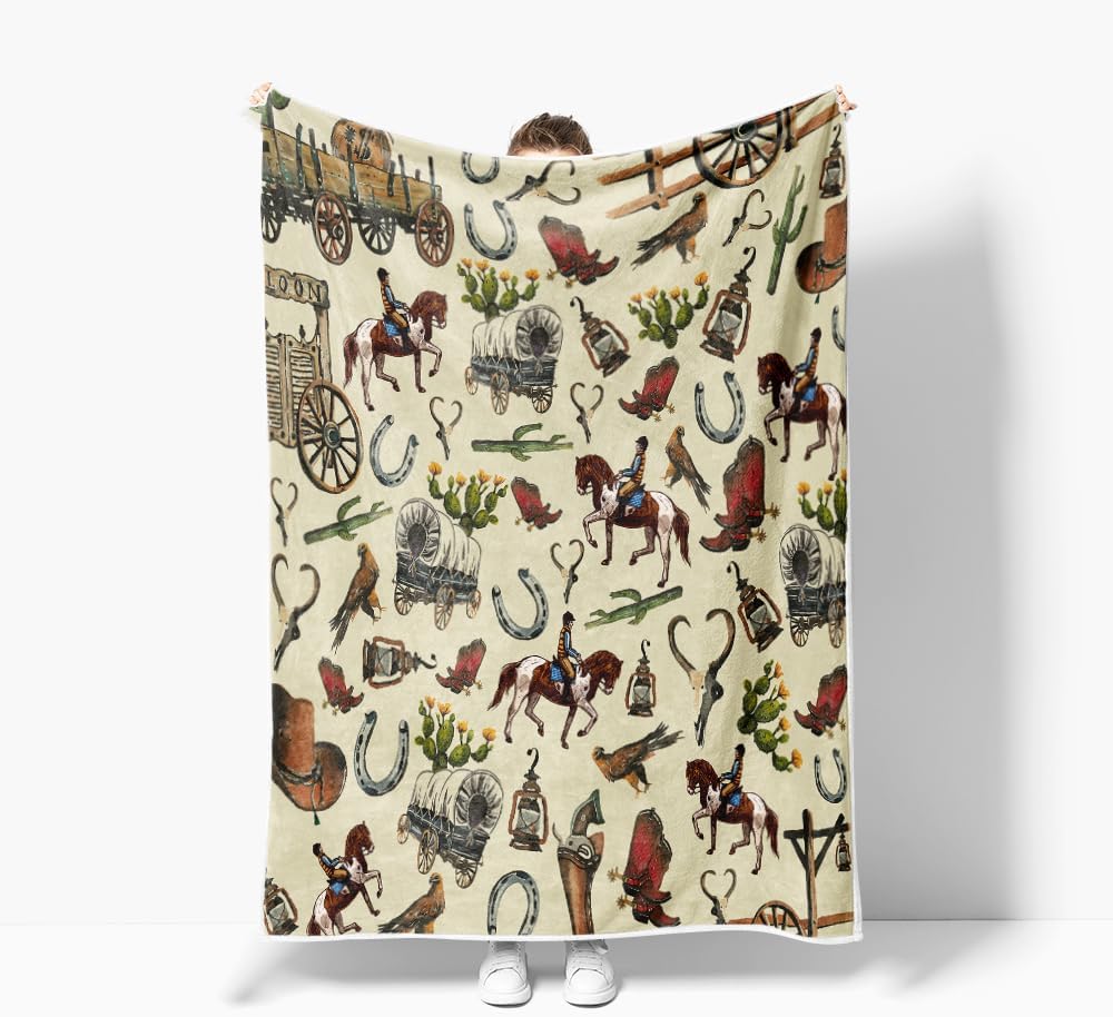 Western Cowboy Throw Blanket,Wild West Cowboy Ride Horse and Desert Cactus Fleece Blanket,Retro American West World Soft Flannel Throw Blanket for Chair Bed Sofa Couch