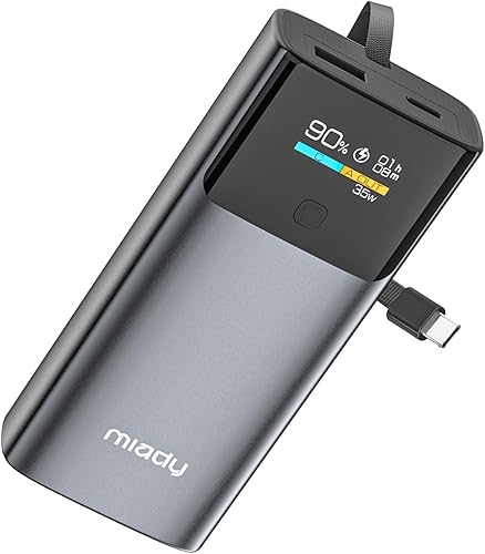 Miady Cargador portátil, PD de 35 W de carga rápida con pantalla digital inteligente, batería de 10000 mAh, cable USB-C integrado compatible con