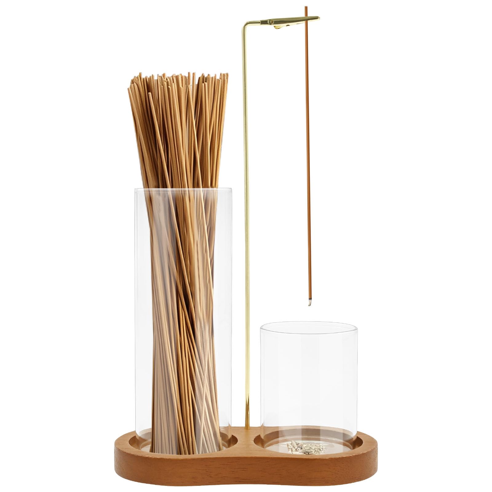 Zhjiutak Wood Color Incense Holder For Sticks, Upside Down Wooden Incense Burner With Glass Ash Catcher, Mess-Free Agarbatti Stand With Storage Jar For Yoga Spa Madiation And Home Relaxation