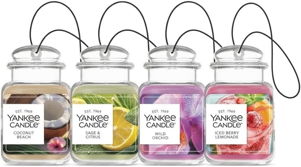 Yankee Candle Car Jar Ultimate Air Freshener, Long Lasting Car Fragrance, Coconut Beach, Iced Berry Lemonade, Sage & Citrus, Wild Orchid (Variety Pack of 4)