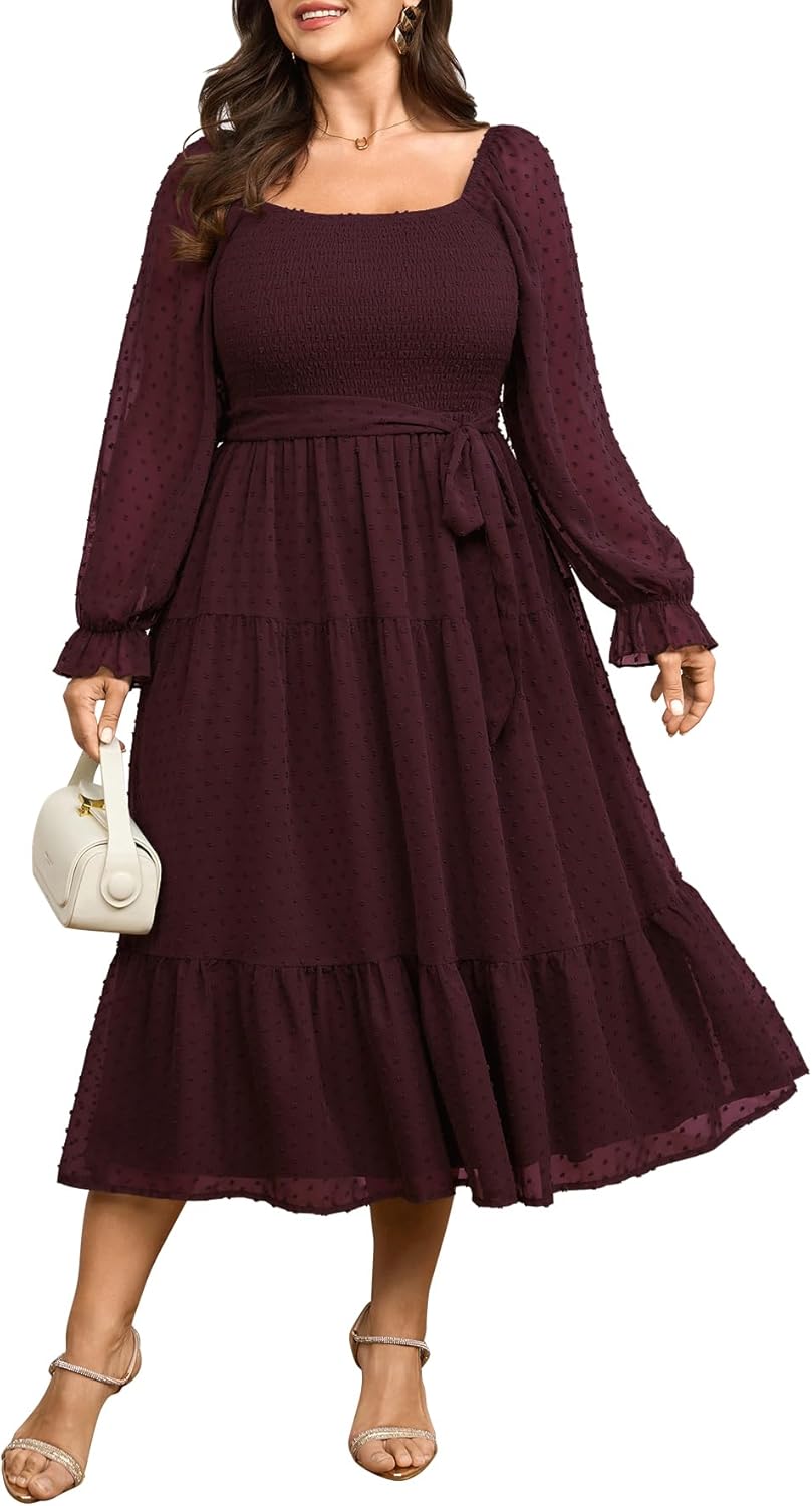 SCOMCHIC Women's Plus Size Dress Long Sleeve Square Neck Swiss Dot Chiffon Smocked A Line Ruffle Cocktail Maxi Dresses