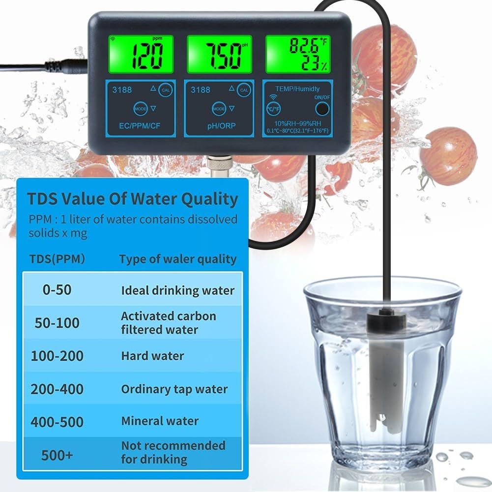 7 in 1 Analizzatore di qualità dell'acqua per piscina con cloro residuo, pH, ORP, sale, temperatura, WiFi compatibile per Tuya, funzionamento plug-in, sonde ad alta precisione per piscina (EU)