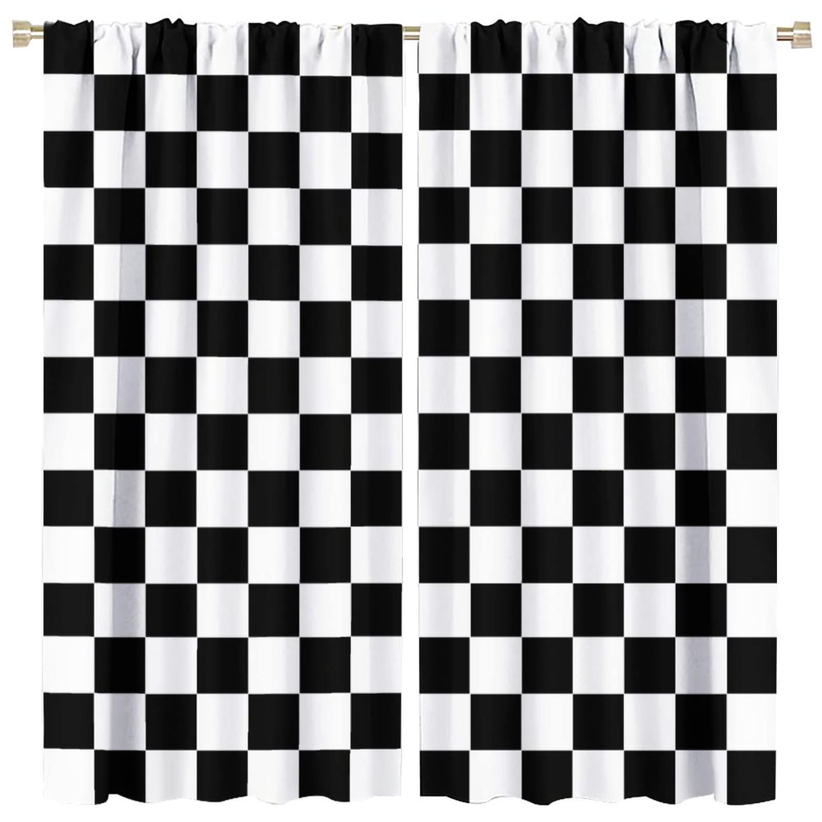 Black White Curtains Racing Style Checkered Flag Racing Race Car Line Rod Pocket Blackout Window Drapes 2 Panels Set for Bedroom Living Room Decor