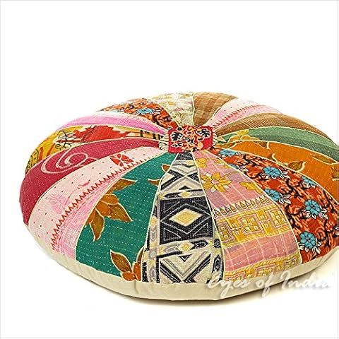 Eyes of India Colorful Vintage Kantha Round Decorative Floor Seating Pillow Cover Meditation Cushion Throw Indian Bohemian Accent Boho Chic Handmade (22" x 22") Cover