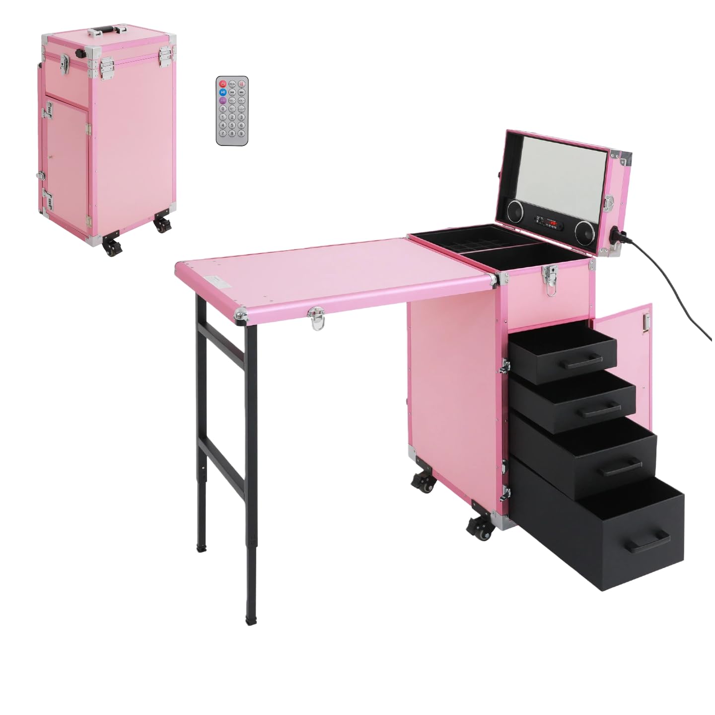 Rollender Maniküre Tisch mit Bluetooth Lautsprecher & Spiegel, Klappbarer Mobile Schminkwagen mit Feststellrollen, Makeup-Station für professionelle Kosmetik & Nageldesign (Rosa)