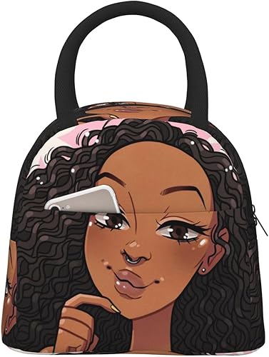 Fiokroo Bolsa de almuerzo aislada afroamericana negra para niñas, reutilizable, impermeable, bolsa de almuerzo para escuela, trabajo, universidad,