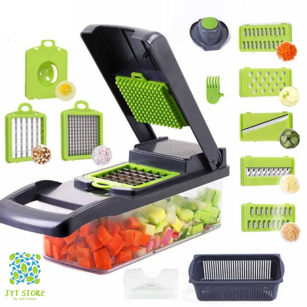 JYT - Vegetable Chopper and Slicer Vegetable Chopper Mandoline Slicer Cutter Chopper 12 in 1 Interchangeable Blades with Colander Basket and Container Green, Grey 12.7'' x 4.5'' x 4.5''
