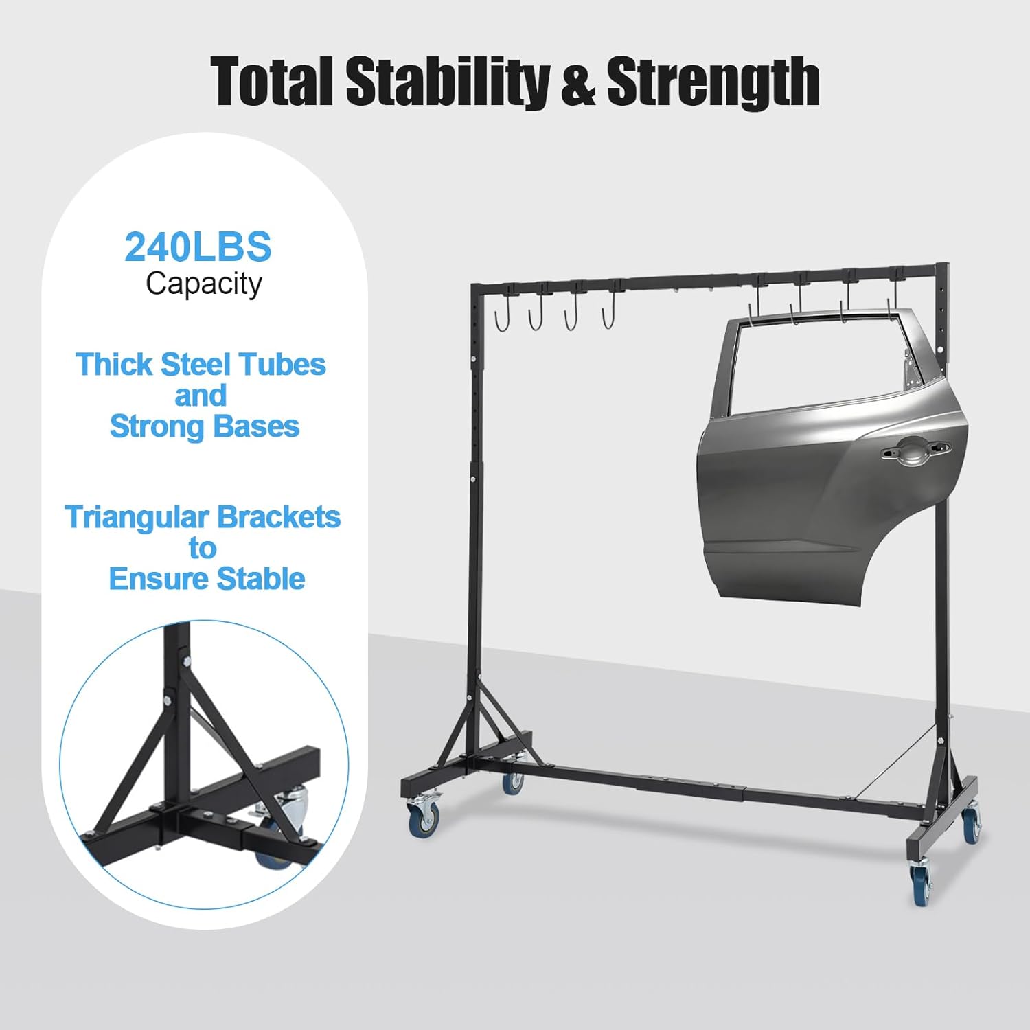 5ft-7ft Adjustable Painting Rack, 240 lbs Capacity Automotive Paint Hanger Rack, Painting Drying Stand with 8 Hooks and 4 Swivel Casters for Auto Repair Shops & Garage