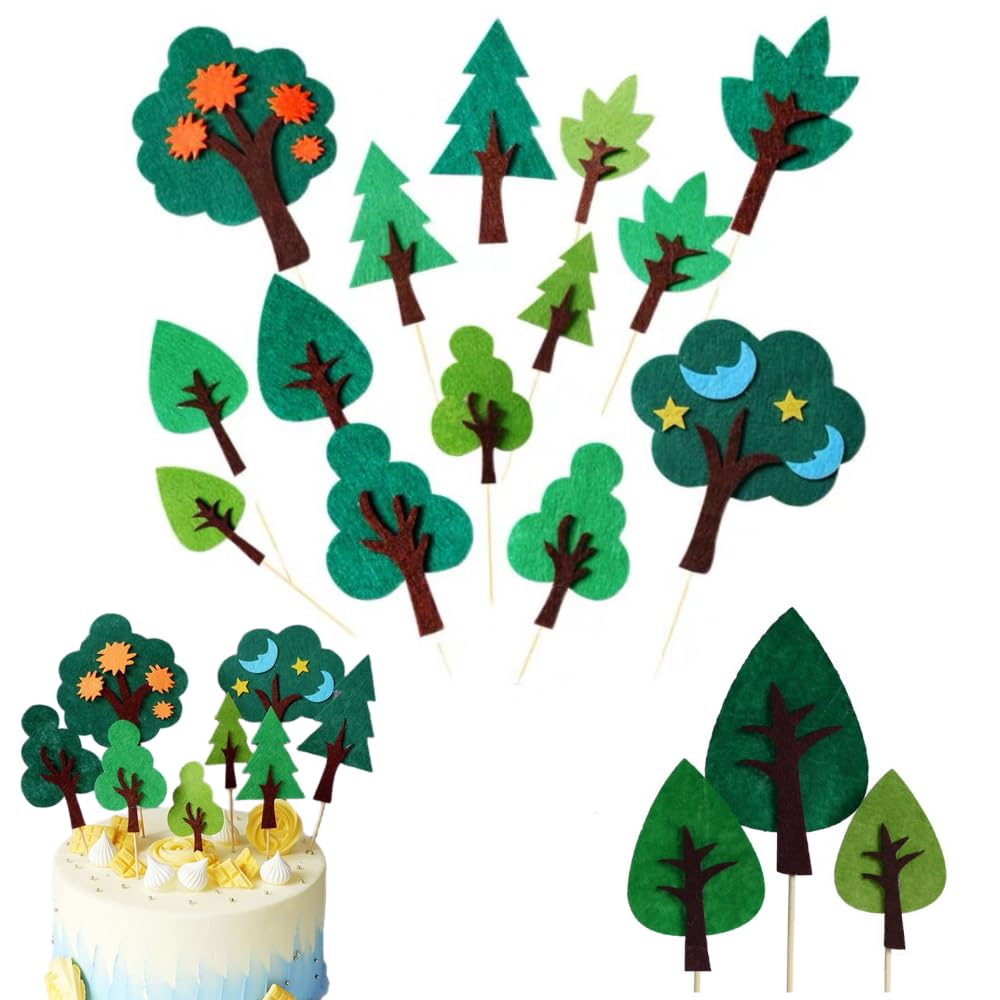 14 Pcs Jungle Cake Toppers - Woodland & Tropical Theme Tree Shaped Cupcake Toppers for Baby Shower & Kids Party Decoration