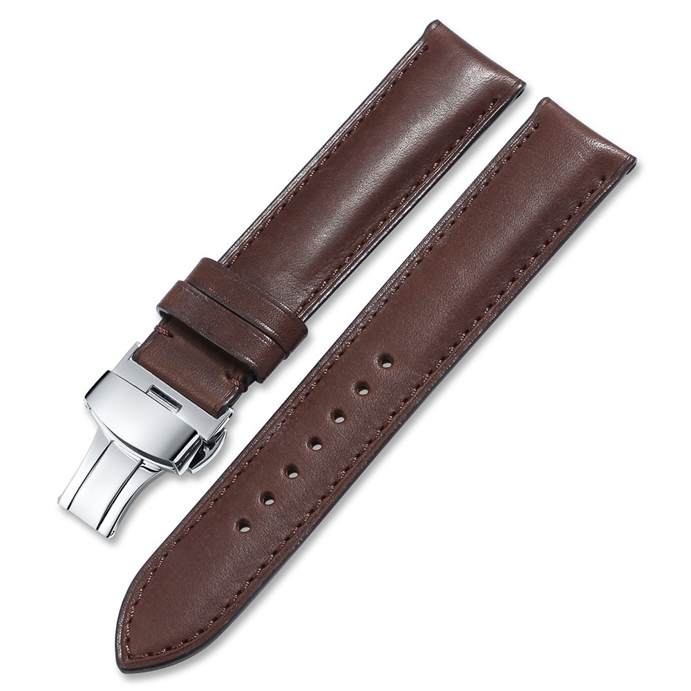 iStrap22mm Calf Leather Strap Quick Release Watch Band Button Deployant Clasp Replacement Dark Brown 22