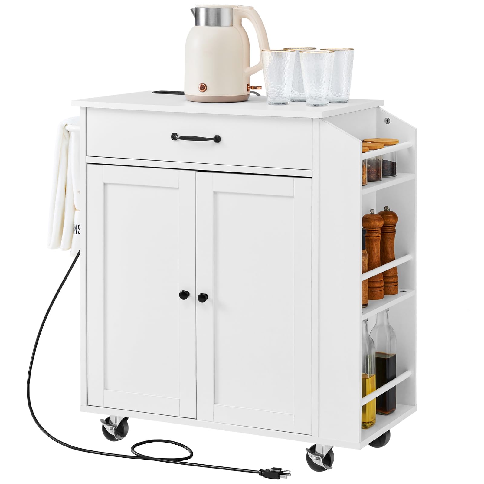 VEVOR Isla de Cocina Portátil con Ruedas, Carrito con Armario Almacenamiento, Toma de Corriente, Especiero, Toallero, Estante Ajustable, Cajón, para Comedor y Sala de Estar, Blanco 810 x 380 x 860 mm