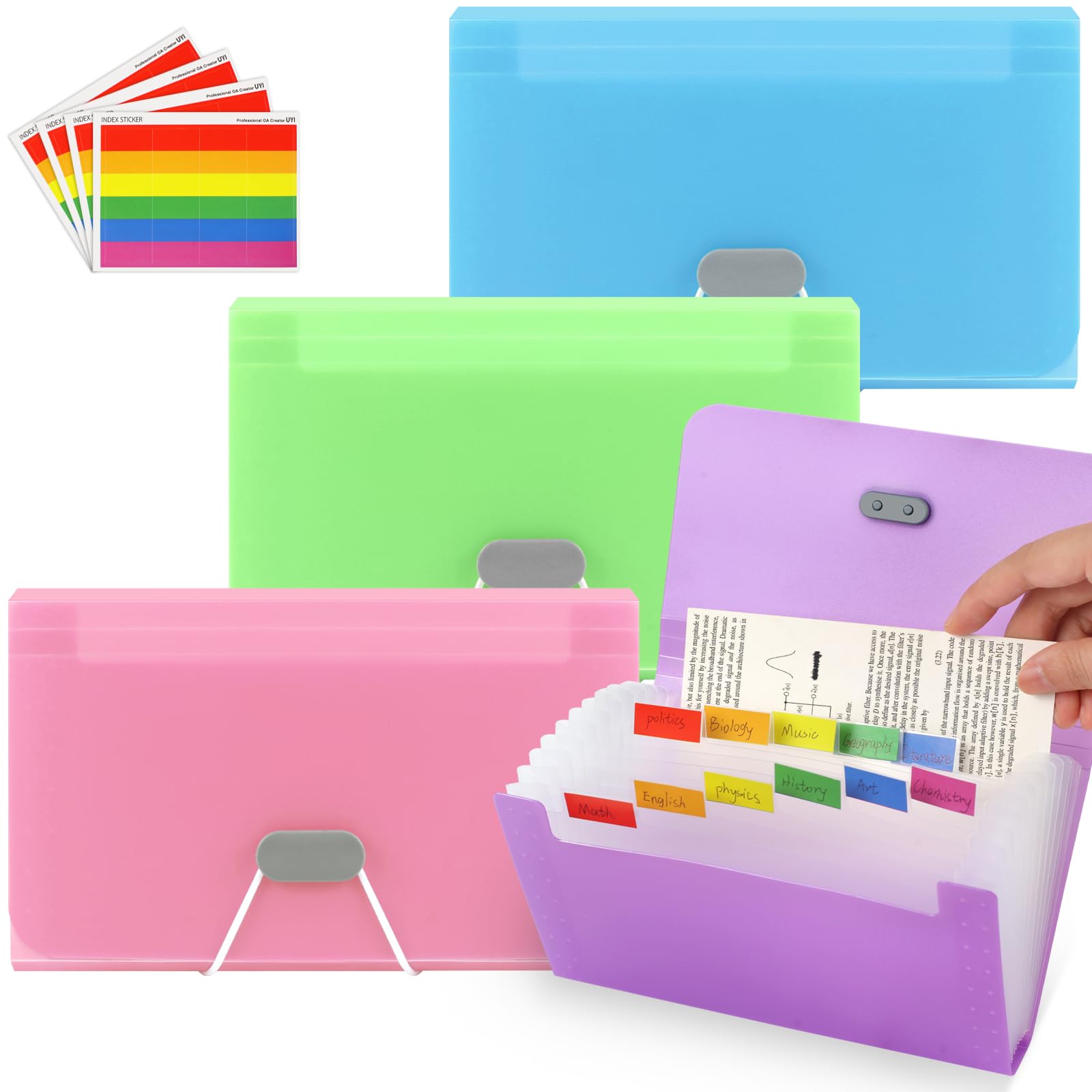 4 Pcs Expanding File Folders, A6 Document Organiser with 13 Pockets, Portable Flash Card Holder with Colored Tags, Plastic Accordion File Organiser for Cards Bills Receipt