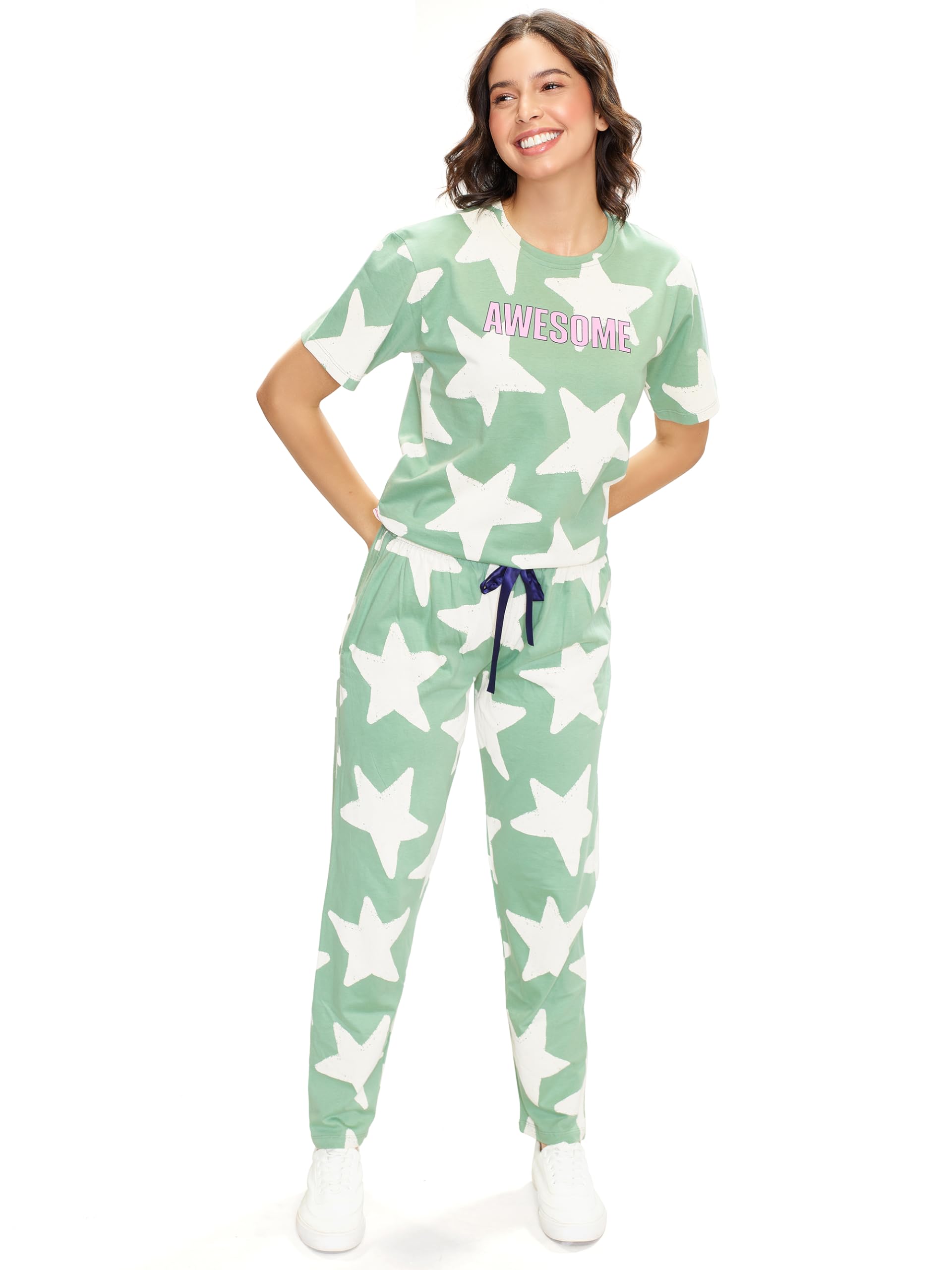 lotik Women's Cotton Multi Star Print Top & Payjama Half Sleeve Loungewear Nightsuit Set-picture-27