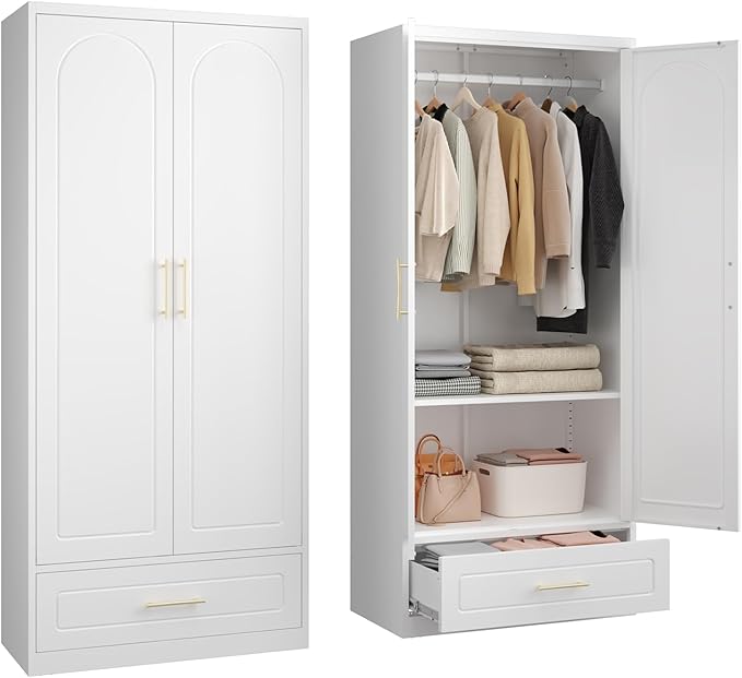 Metal Armoire Wardrobe Closet with Drawer,71Inch White Clothing Storage Cabinets with Hanging Rod, for Bedroom Home Office