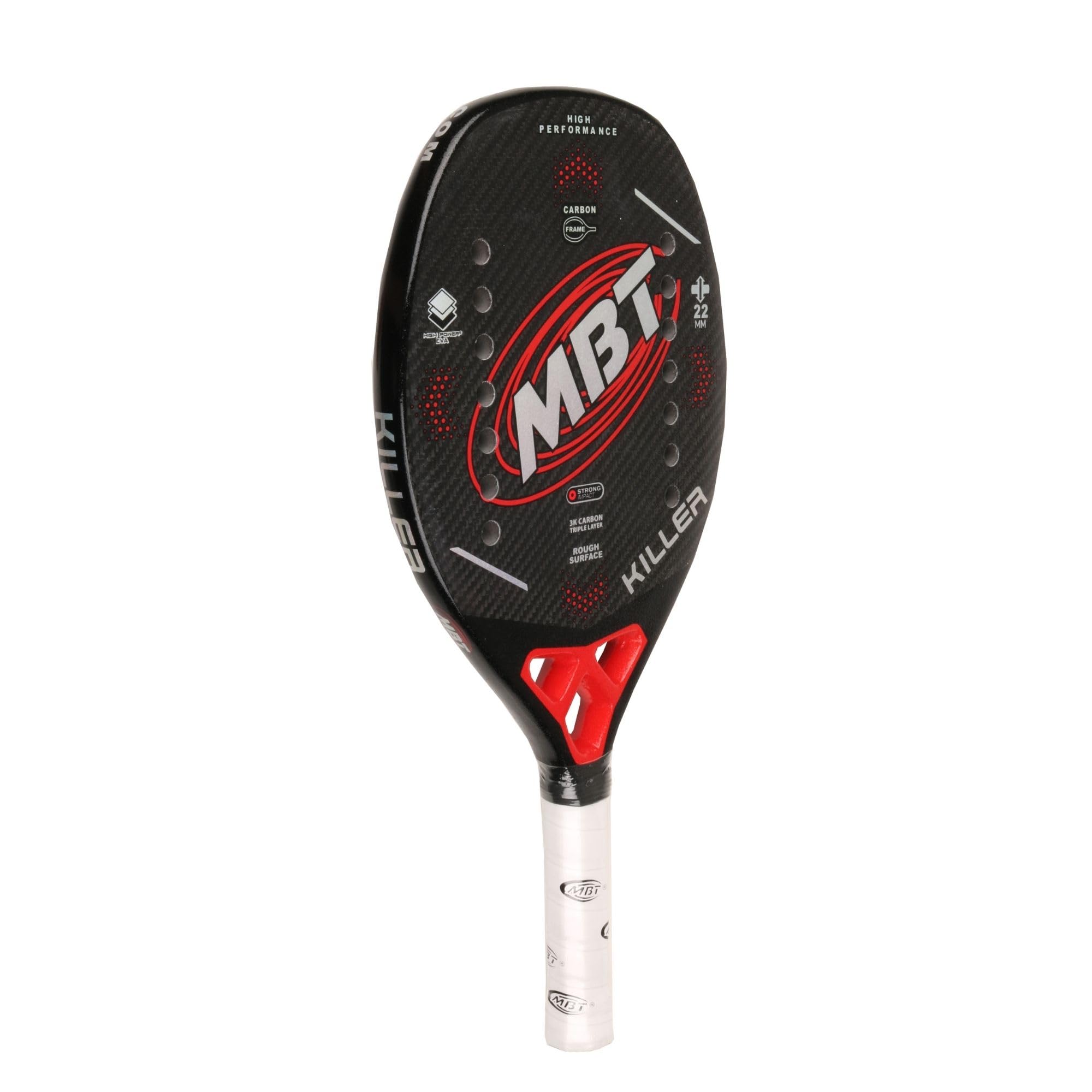 MBT KILLER, Racchetta Beach Tennis 3K Carbonio Triple Layer - Trattamento ruvido- Eva High Power – Leggera e Bilanciata – Profilo 22 mm - Custodia inclusa - testimonial Andrea Reginato