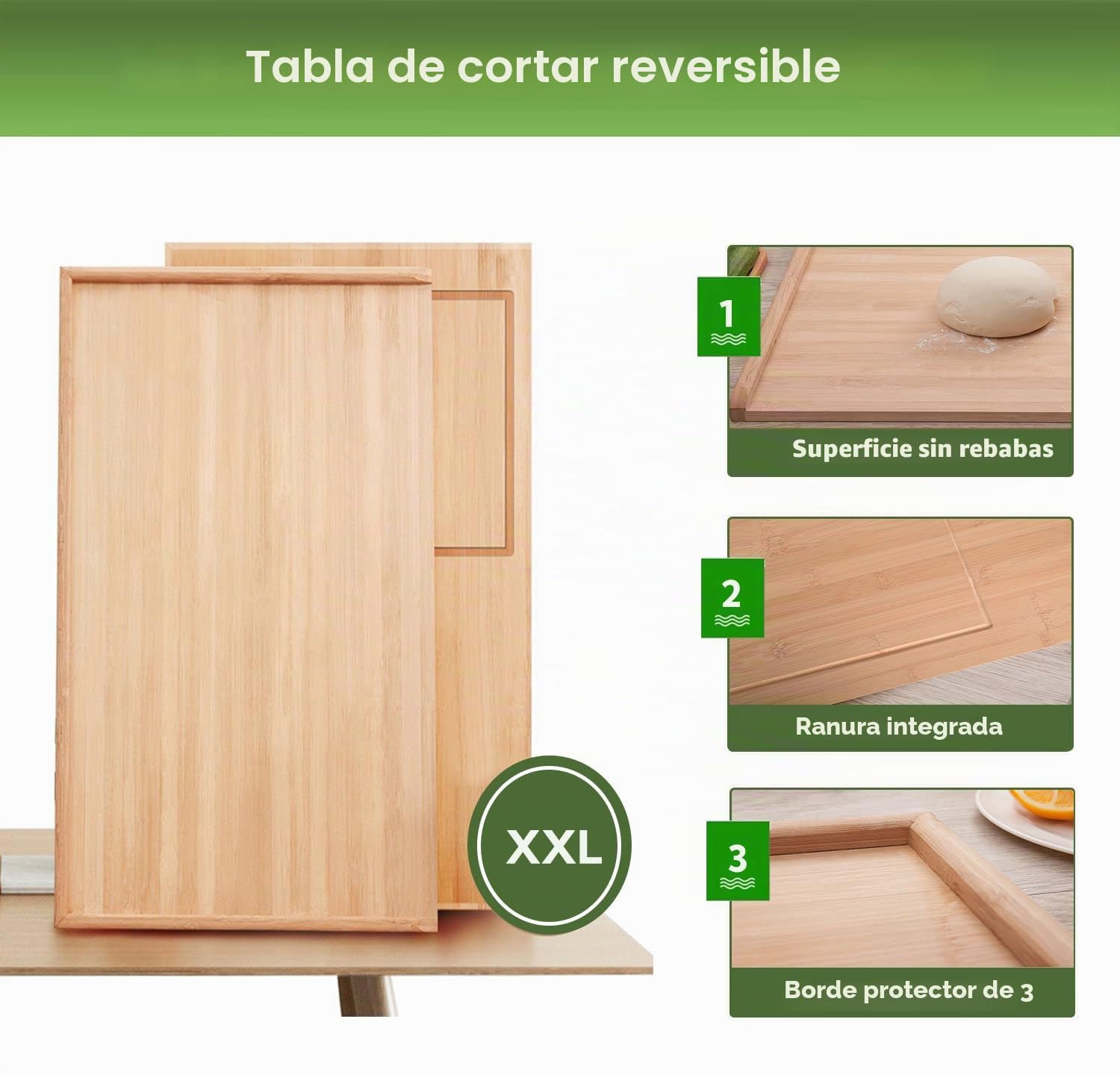 Tabla de cortar de madera extra grande de 70 x 45 x 2,5 cm, tabla de cortar de bambú para cocina, tabla de cortar reversible, bandeja grande con ranura para jugos para carne, verduras, quesos,