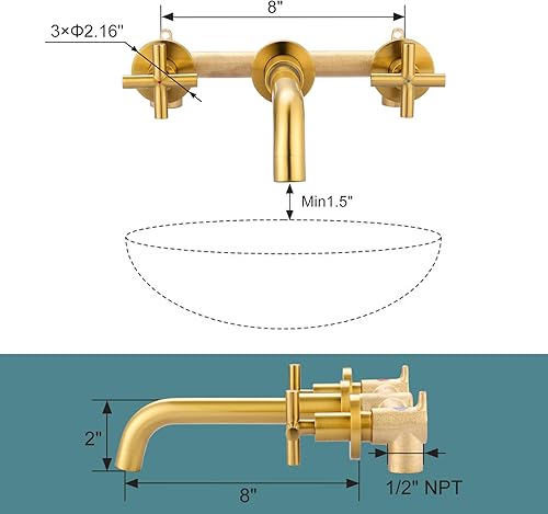 Miniatura 4 de ARCORA - Grifo de baño de montaje en pared, grifo de lavabo de baño dorado cepillado, 2 manijas para montaje en pared, grifo de fregadero de latón