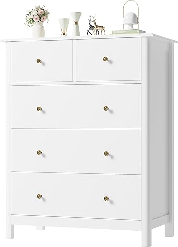 HOUSUIT Cómoda blanca con 5 cajones, cómoda alta, cómoda de 5 cajones con espacio profundo, armario de almacenamiento de madera para sala de estar,