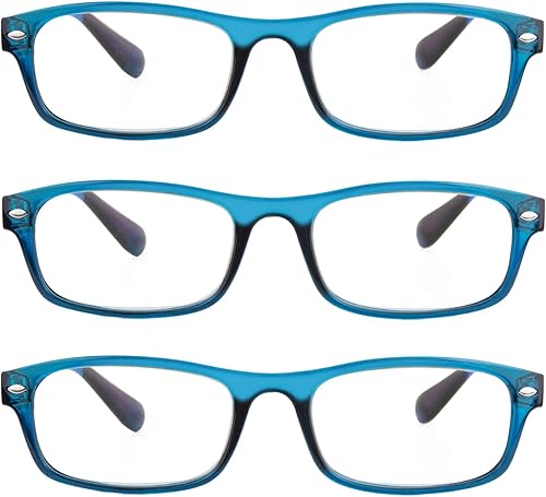 EYE ZOOM Paquete de 3 gafas de lectura rectangulares con marco de plástico con bloqueo de luz azul y anti rayos UV