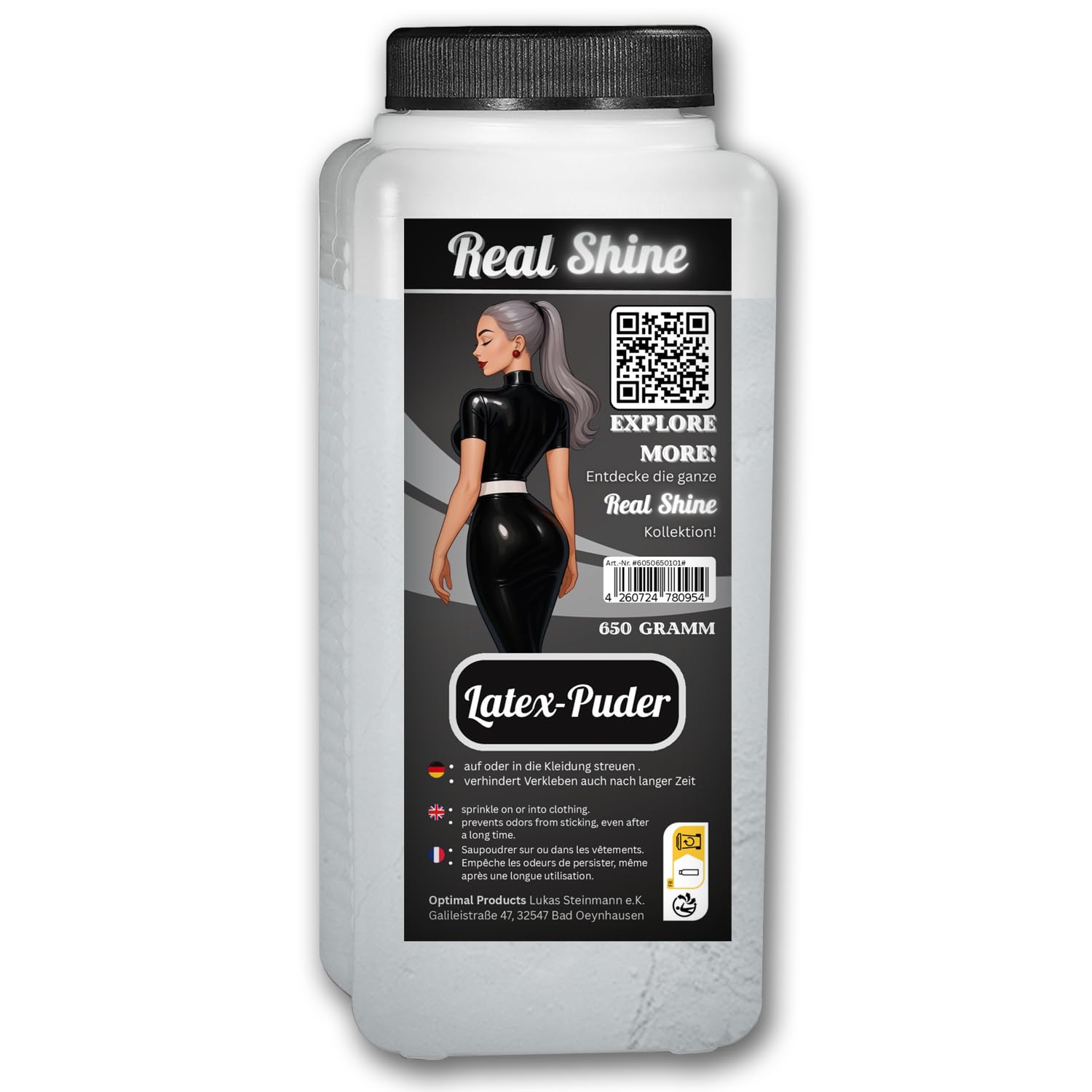 Optimal Products Poudre de latex Realshine 650 g Talc blanc pour l'enfilage des vêtements et gants en latex et leur stockage Talc pharmaceutique inodore