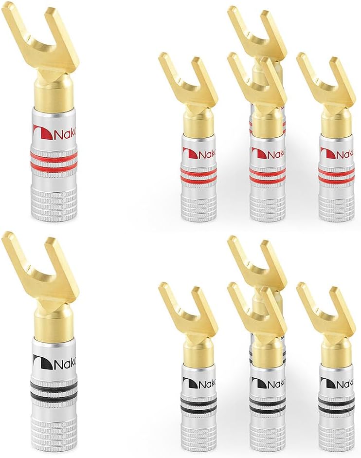 Nakamichi Excel Series 24k Gold Plated Banana Plug 12-18 AWG Gauge Size 4mm for Speakers Amplifier Hi-Fi AV Receiver Stereo Home Theatre Radio Audio Connector 10 Pcs 5-Pairs, Spade Plug