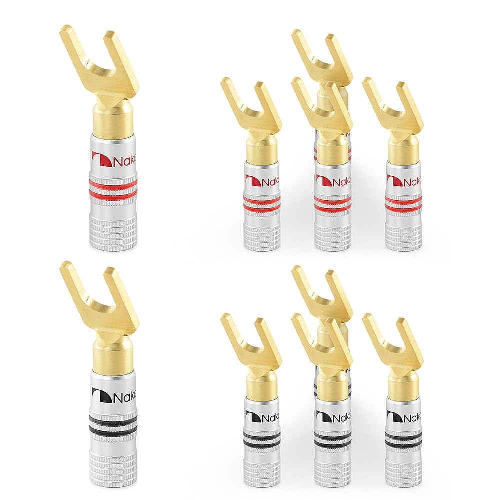 Excel Series 24k Gold Plated Spade Y Banana Plug 12-18 AWG Gauge Size 4mm for Speakers Amplifier Hi-Fi AV Stereo Home Theatre Audio Wire Cable Screw Connector, 10 Pcs (5-Pairs)