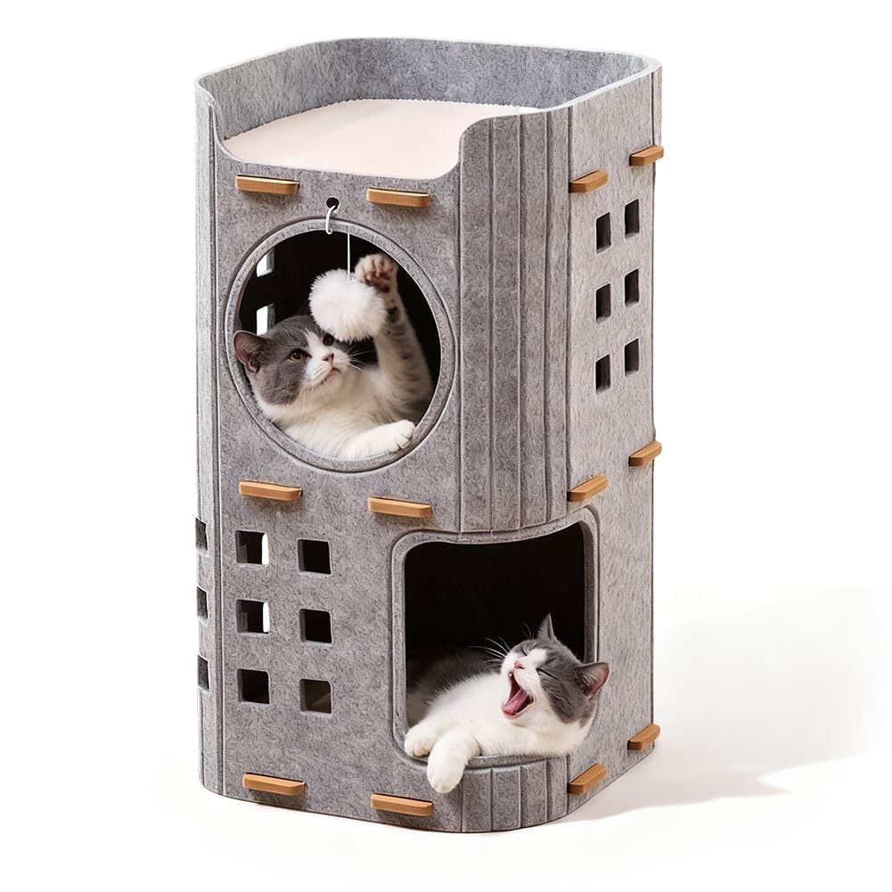 Cueva para gatos de fieltro de 3 pisos, 90 x 37 x 37 cm, cama para gatos, casa para gatos de interior con pelota de juego, castillo para gatos para jugar, cueva para gatos plegable y cálida para