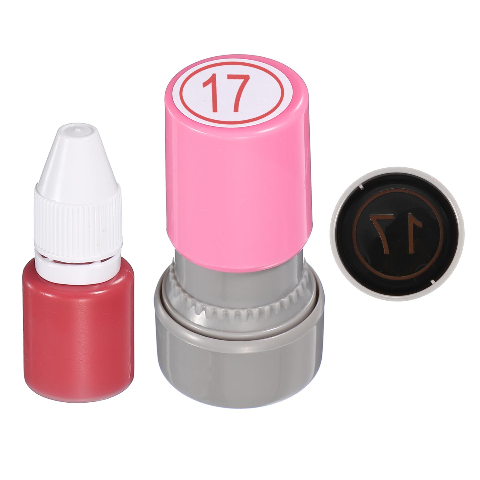 PATIKIL Self Inking Number Stamps, 20mm Numeral with Ring 17 Digital Stamps with Refill Red Ink for Notebook Scrapbooking DIY Craft Price Marking Math Learning Office Use, Pink Shell