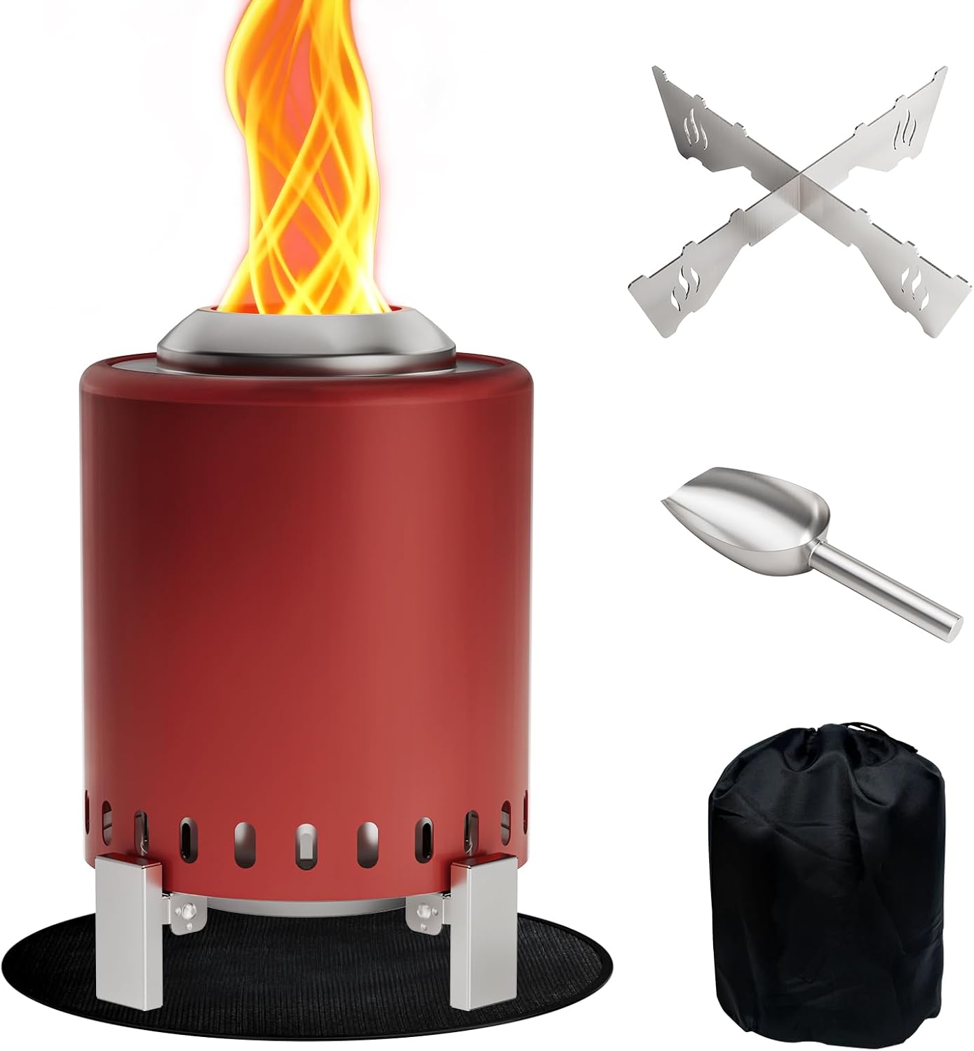 Mini Smokeless 7 Inch Tabletop Fire Pit with Pan Stand and Insulation Mat, Portable Stainless Steel Fire Pit for Camping, Patio Tabletop Firepit, Burns Wood or Pellets, Travel Bag Included, RED