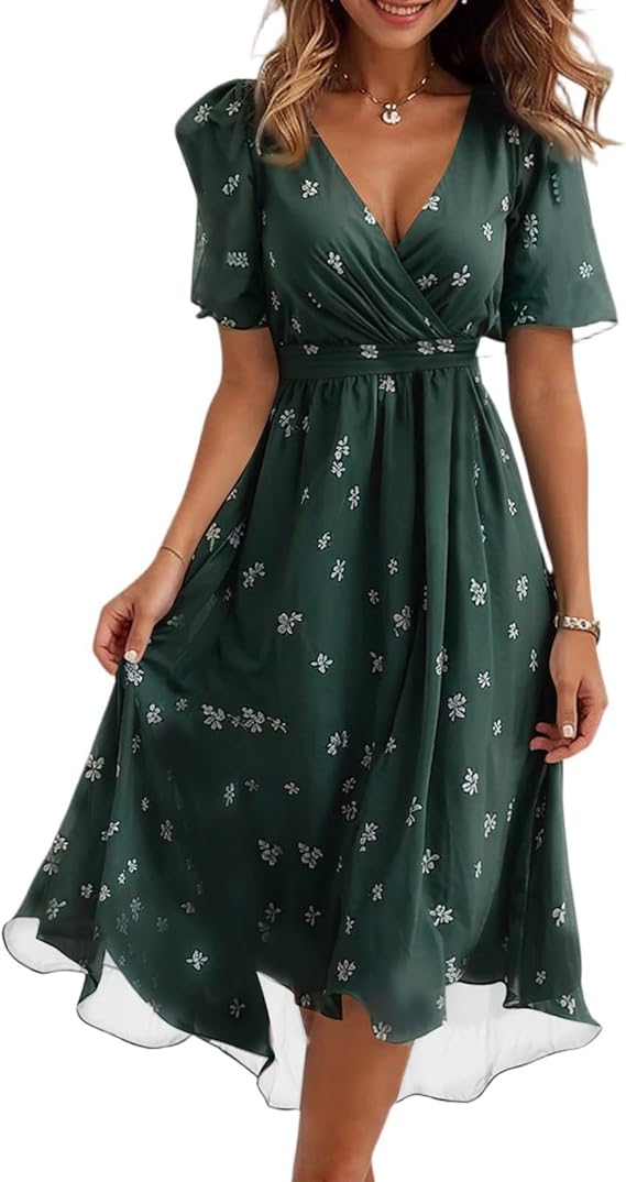 Spring Summer Chiffon Midi Dresses for Women 2025 Elegant Classy Wedding Guest Floral Formal Cocktail Prom Dress
