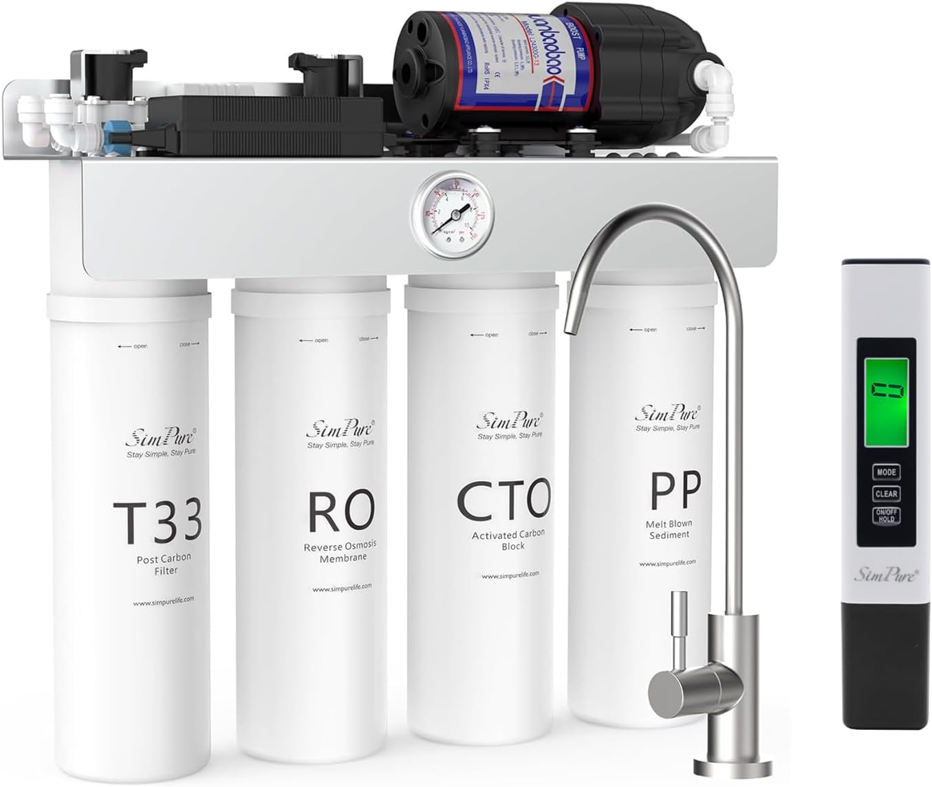SimPure Tankless Reverse Osmosis System, NSF/ANSI 58 Certified, Under Sink RO Water Filter System 400 GPD, 8 Stage Water Filtration Near 0 TDS + TDS Meter Digital Water Tester