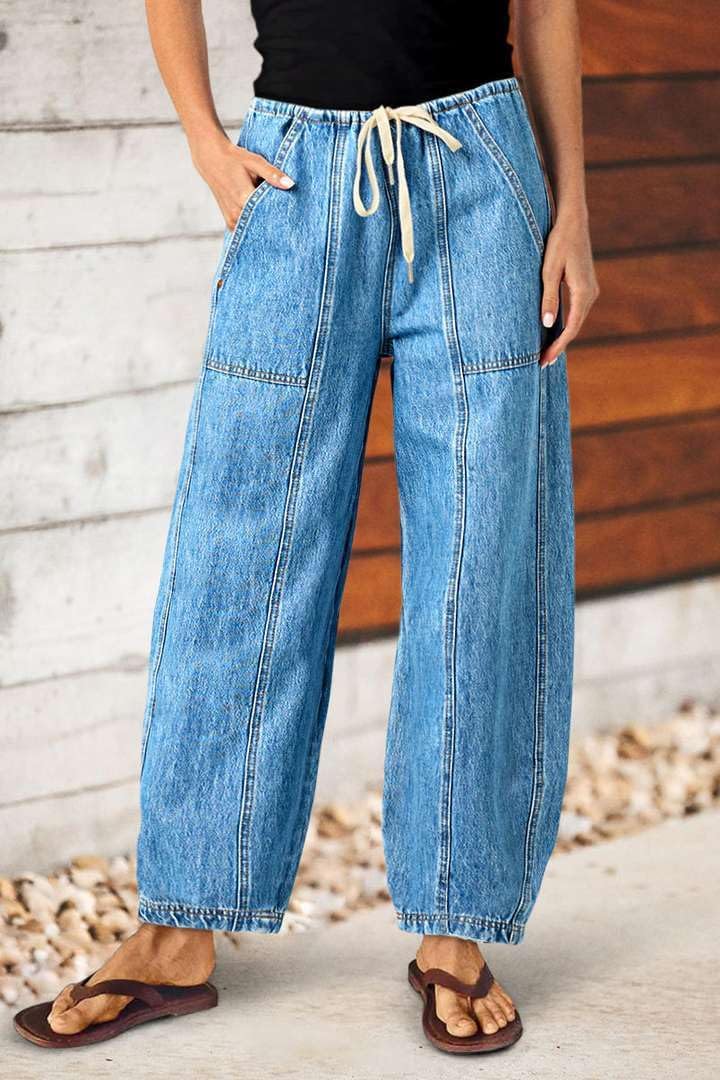 yoeasy Women Wide Leg Jeans Drawstring Waisted Denim Pants Y2k Baggy Loose Fit Barrel Jeans with Pockets