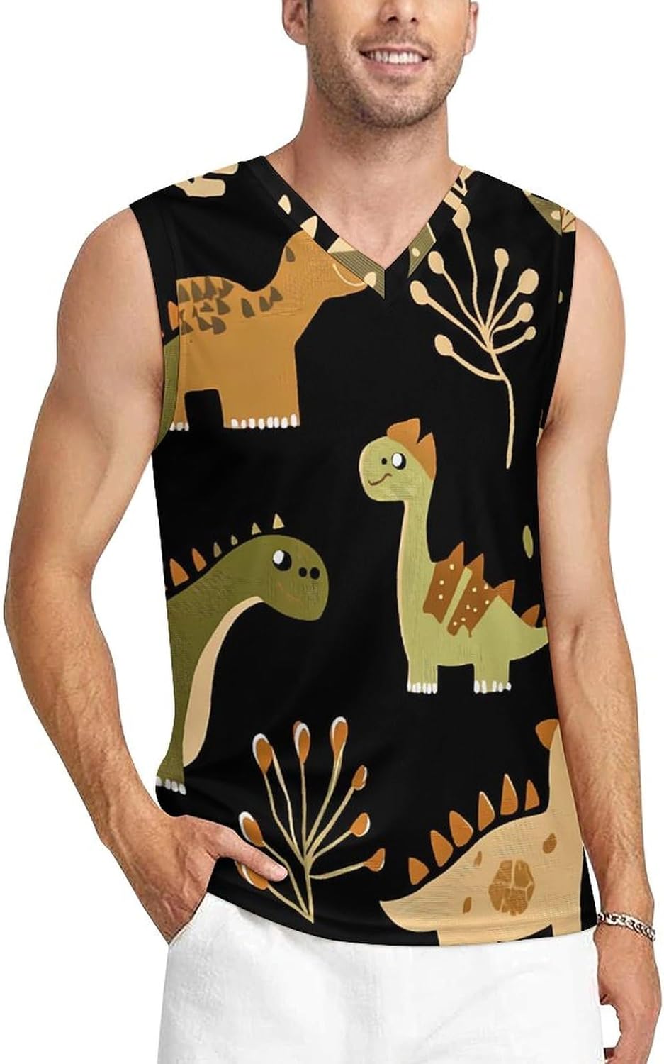 Dinosaurs Pattern Men's V-Neck Basketball Tank Top Sleeveless Workout Tank Shirts Gym Fitness Tees Vest