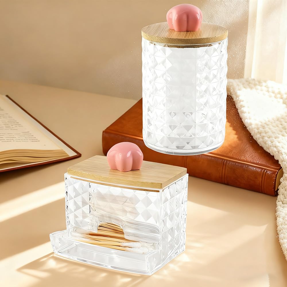 3 piezas Dispensador Discos Algodon, Dispensadores Discos Desmaquillantes, Caja de Almacenamiento de Hisopos de Algodón con Tapas de Bambú Contenedor, para Organizador de Almacenamiento de baño