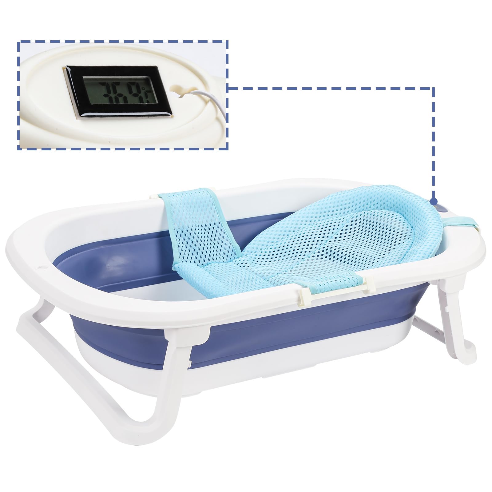 Navicella pieghevole blu 50L con inserto da bagno, termometro per acqua, tappo che cambia colore, fondo antiscivolo, vasca da bagno pieghevole per neonati da 0 a 6 anni