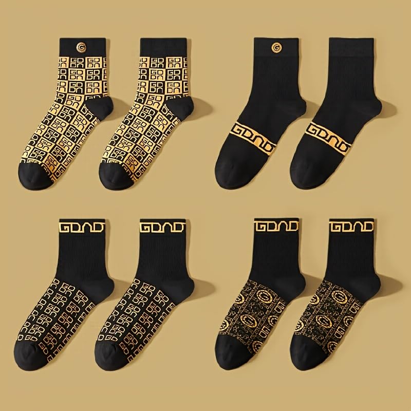 Discover the Best Socks for Sneakerheads: Comfort & Style 15 4 Pairs Luxury Cotton Crew Socks – Black & Gold Greek Key & Monogram Prints, Unisex, One Size Fits Most – Premium Streetwear Socks for Sneakerheads, Fashionistas & Urban Elegance