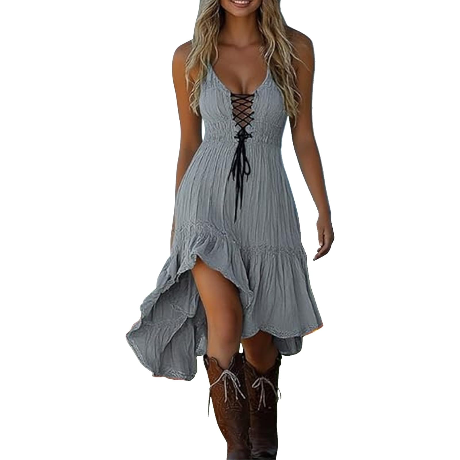 Grey Women's Vintage Western Cowboy Denim Dress - Floral Lace Trim Off Shoulder Flare Dress Halloween Costume 70S Inspired Prairie Outfit Country Party Dresses Ladies Cowgirl Retro Cosplay Wear