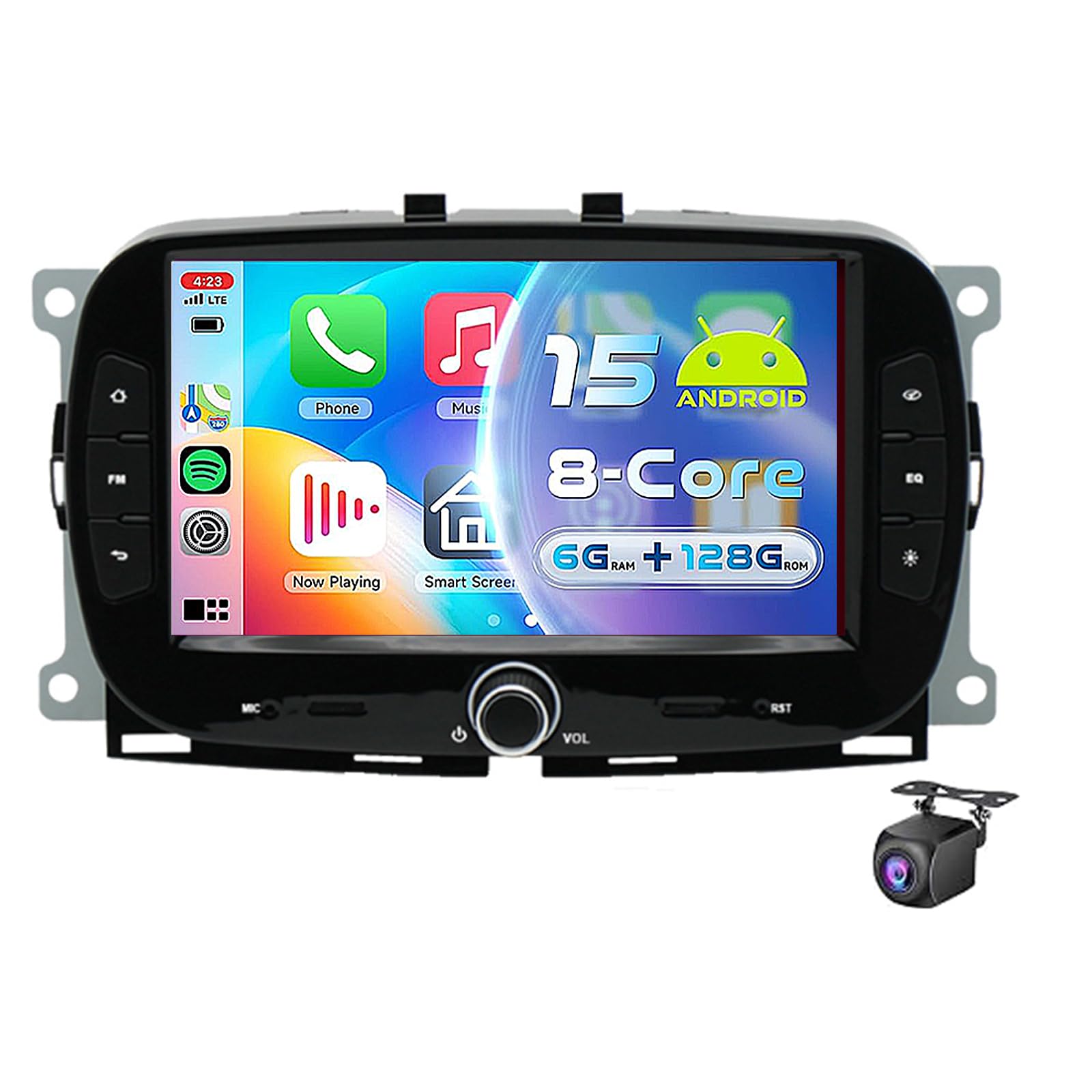 Android 15 Radio Samochodowe do F-iat 500 2016–2019 Obsługa Bezprzewodowego CarPlay i Android Auto, 7-calowy Ekran Dotykowy, GPS, WiFi, Bluetooth, Mirror Link, FM, Sterowanie z Kie(Size:8Core 6+128G)