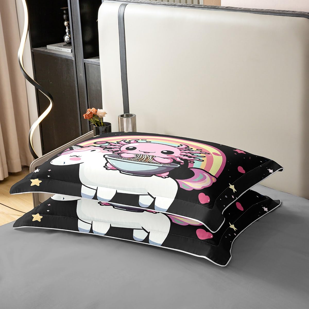 Homewish Gradient Regenbogen Axolotl Baumwolle Bettwäsche 135x200 Kinder,Niedlich Cartoon Einhorn Bettbezug für Mädchen Jungen Teenager,Dampfende Nudeln Kleine Sterne Liebedeko Ästhetische Bett Set