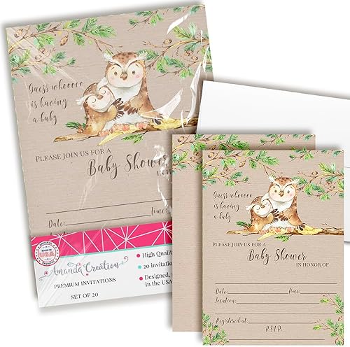 AmandaCreation - Invitaciones para baby shower con temática de búho "Guess Whooo", 20 tarjetas de relleno de 5 x 7 pulgadas con veinte sobres blancos