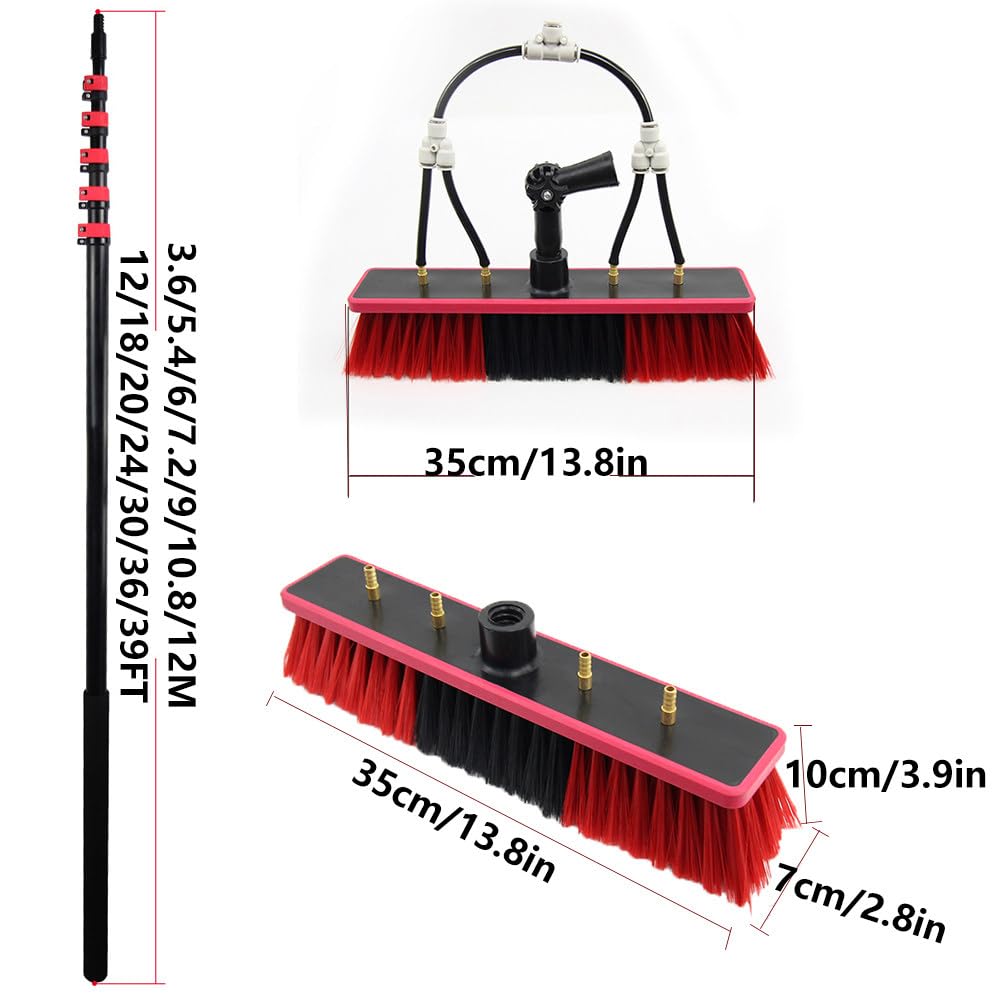 Herramienta de limpieza de paneles solares, poste extensible ajustable con cabezal de cepillo giratorio de 35 cm, limpiador de ventanas alimentado por agua para altura, alcance 3,6 m