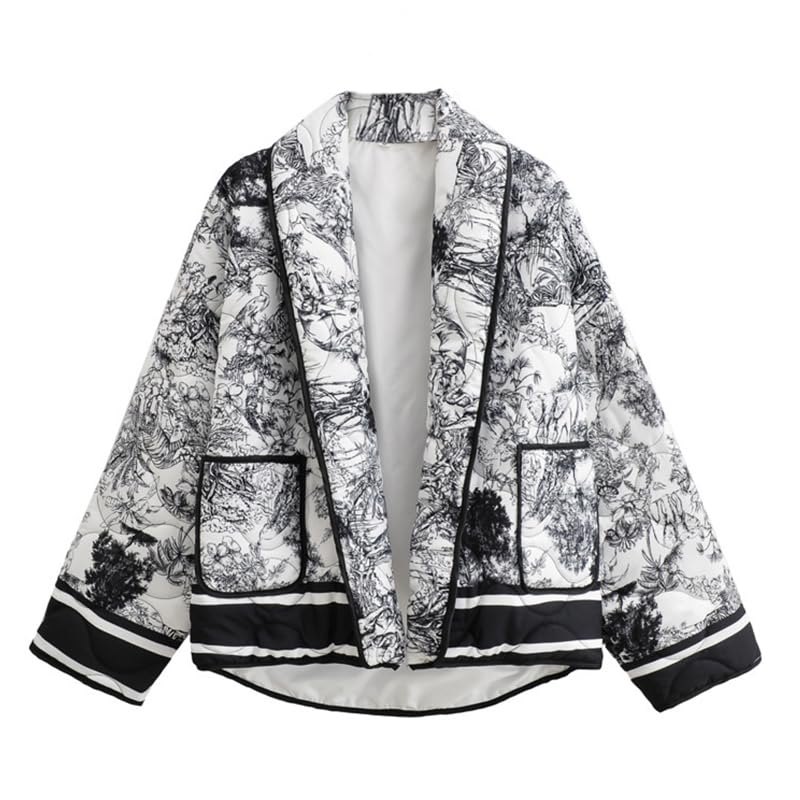 Omoone Women's Quilted Jacket Cardigan Lightweight Floral Print Open Front Padded Puffer Jackets(Black-L)