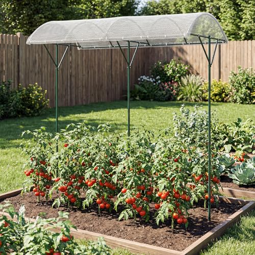 COSTWAY Tomatendach Tomatenschutzdach Metall Tomaten Dach für Hochbeet mit regendichtem PE-Dach inkl. Windseile & Bodennägel Pflanzenschutzdach Garten Terrasse Schutzdach für Gurken Obst Blume