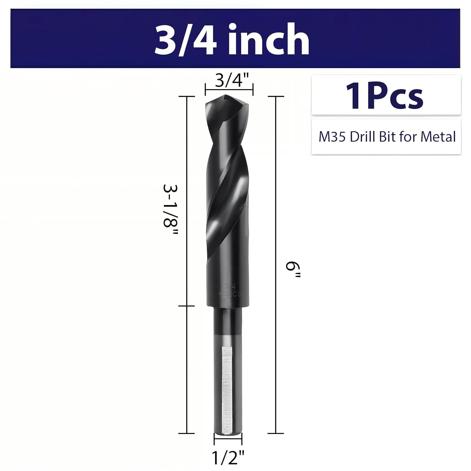 3/4 Inch Drill Bit for Metal - Industrial Grade M35 Cobalt Titanium Aluminum Nitrite with 3-Flat Shank, 3/4" Diameter & 6-1/2" Total Length for Drilling into Steel, Iron, Aluminum and Hard Metals