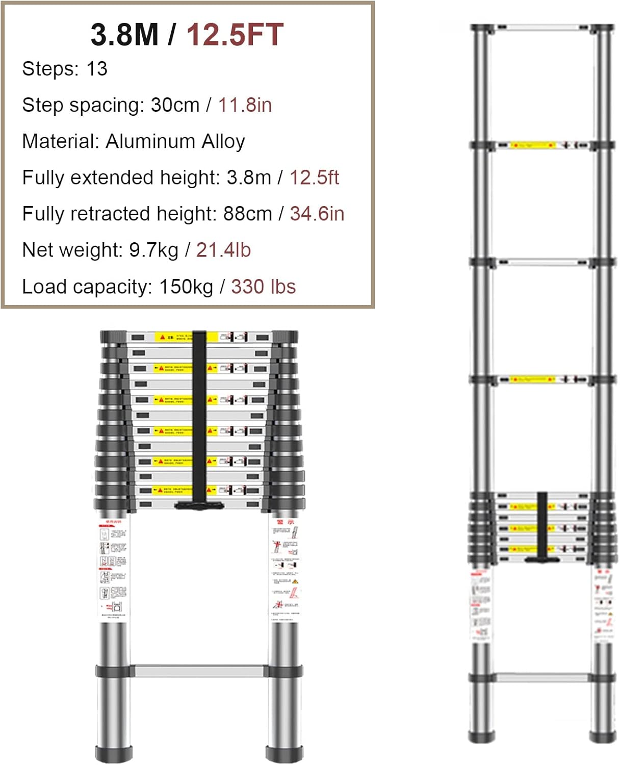 Telescopic Ladder Professional Non-Slip Telescoping Ladder with Widened Pedal, Heavy Duty Aluminum Telescopic Ladder, Extension Step Ladder for Cleaning Gutters (Size : 3.8m/12.5ft