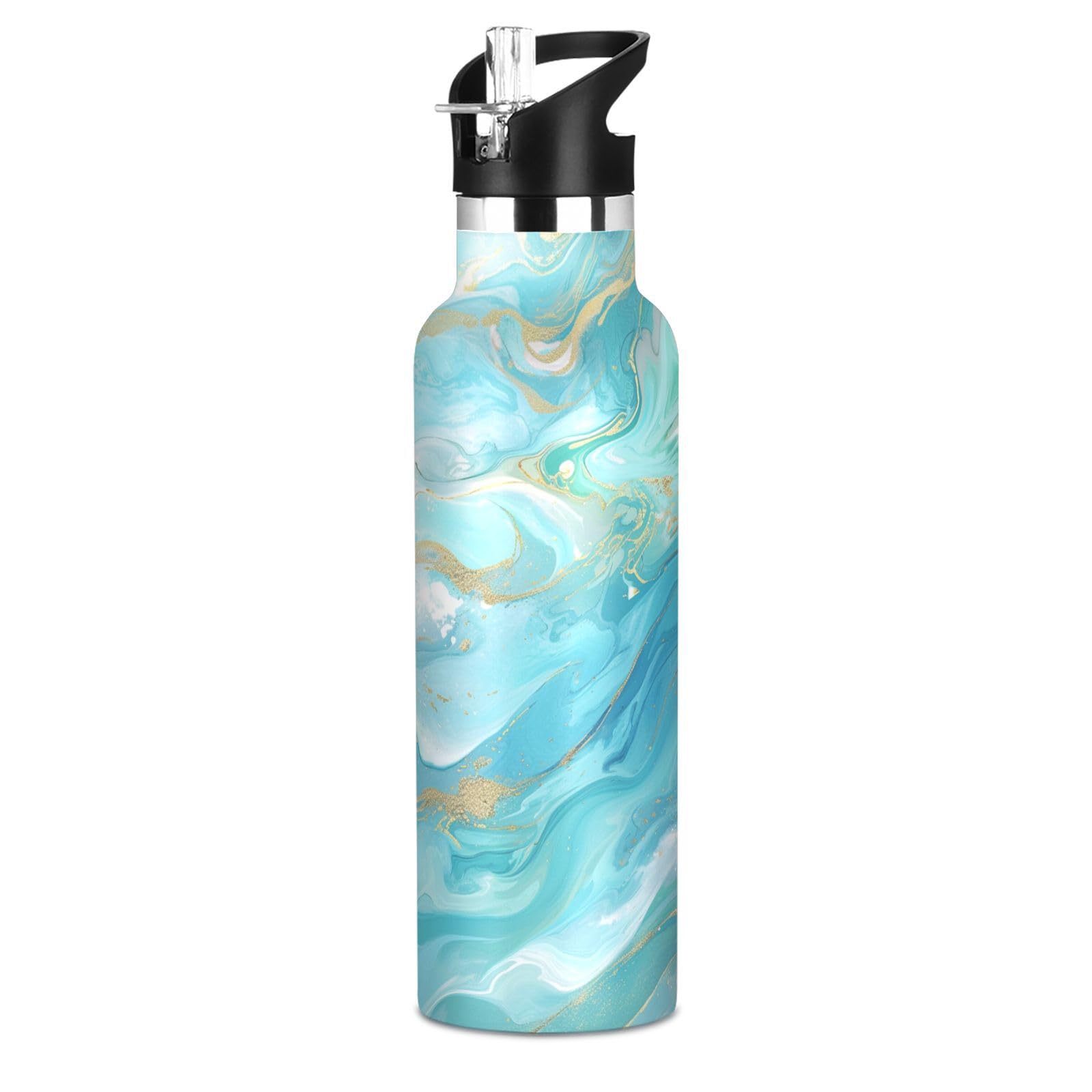 Kaaviyo Boys Pattern Blue Green White Fluid Art Water Bottle Stainless Steel Jug Insulated Vacuum Cup For Girls(600Ml)